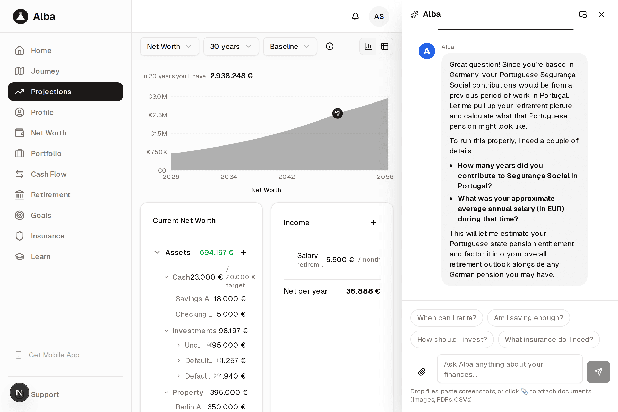 Alba chat dock answering a question about German and Portuguese tax rules
