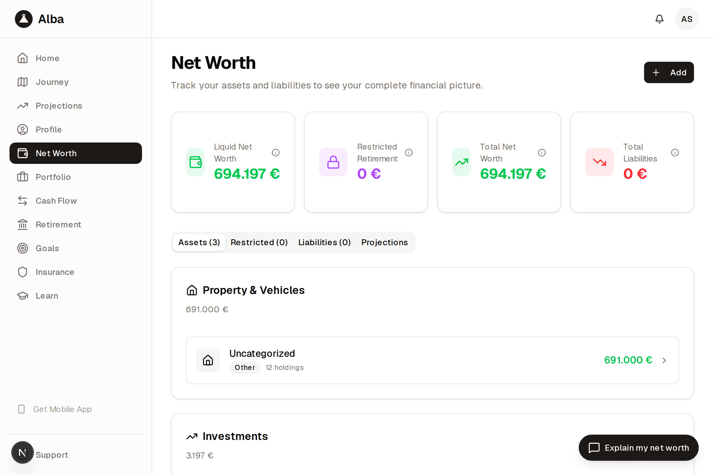 Alba net-worth view across accounts, investments, pensions and property